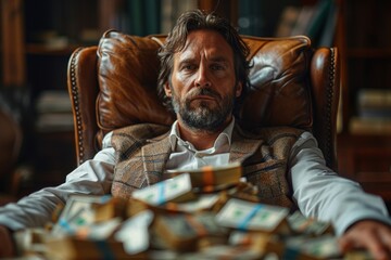 Successful man surrounded by a desk covered in stacks of cash depicts wealth - obrazy, fototapety, plakaty