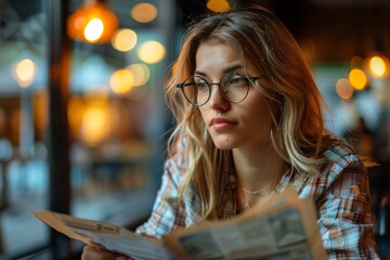 A pensive young lady reads the latest news while sitting in a cozy café ambiance - obrazy, fototapety, plakaty