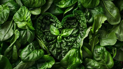 Fresh green basil leaves with water droplets forming a heart shape. - obrazy, fototapety, plakaty