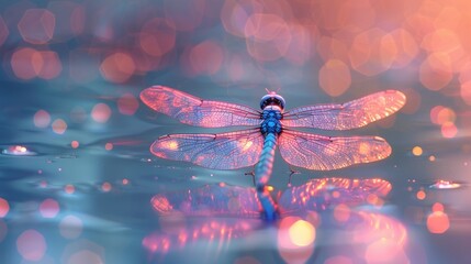 An ethereal neon dragonfly hovering over a tranquil pond - obrazy, fototapety, plakaty