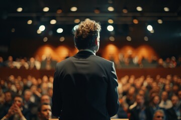 Rear view of a confident individual speaking before an attentive audience in a well-lit conference room.