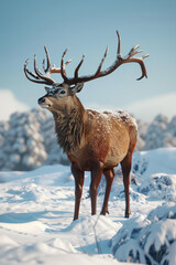 A deer stands in the snow with its antlers pointing to the sky