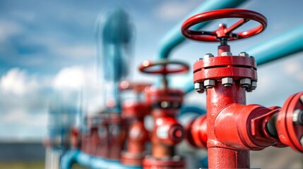 Industrial pipeline with red flanges and valves showcasing equipment, metal, pipes, fittings and gas