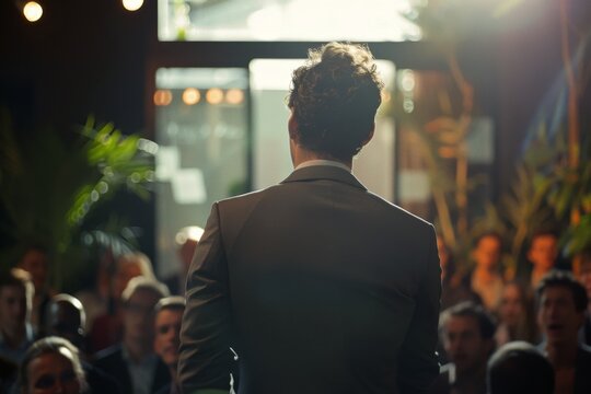 Back view of a male speaker giving a talk at a corporate business conference, with audience in attendance.