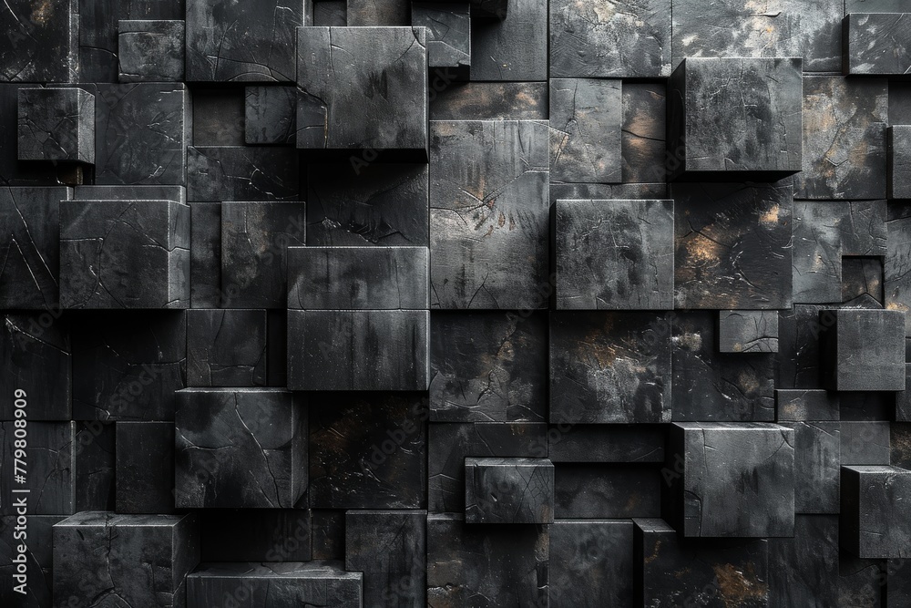 Poster dark and moody image featuring an array of textured cubes in a chaotic arrangement, giving a sense o