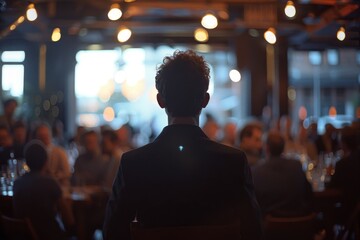 Rear view of a businessman observing a blurred audience in a professional event or conference setting with ambient lighting.