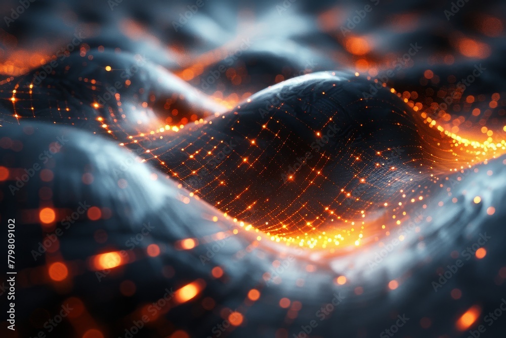 Poster a stunning display of a dynamic glowing network of particles and lines representing connectivity in 
