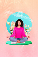 Creative photo collage young focused girl sit meditation chakra retreat beautiful blossom flowers bloom spiritual mental rest