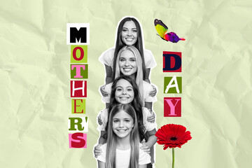 Composite collage picture image of mom three daughters layers mother day love celebration concept unusual fantasy billboard comics