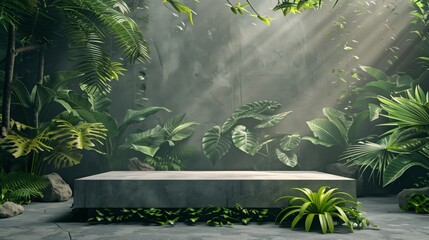 Box stone podium product in a serene view of a misty tropical jungle, bathed in soft natural light with sunbeams filtering through the dense, lush green foliage.
