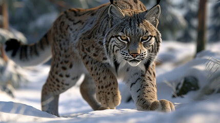 A large cat is walking through the snow