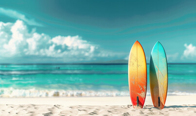 Surfboard on the beach with turquoise sea background. - 779809398