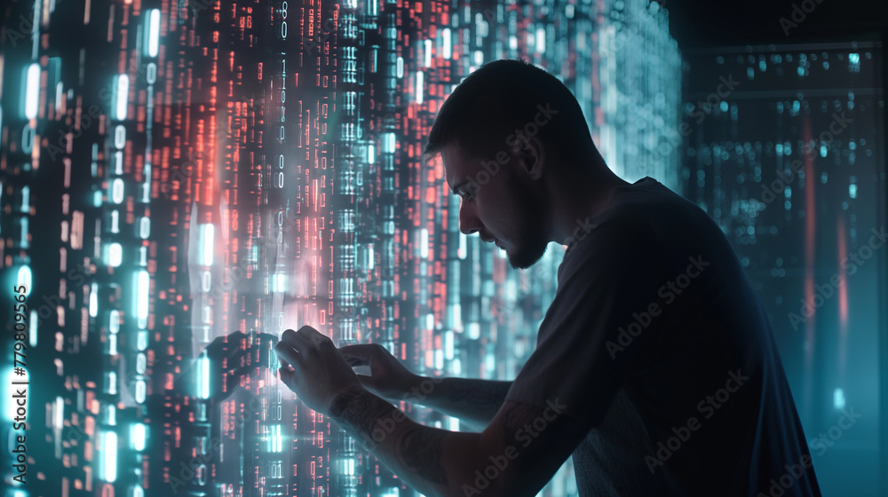 Poster software engineer or data scientist working on a project using modern hologram technology