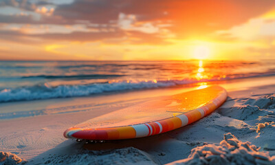 Surfboard on the beach with sunset sea background. - 779809529