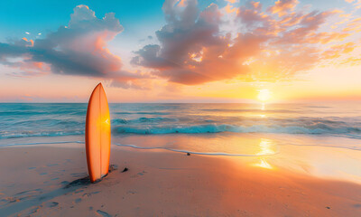 Surfboard on the beach with sunset sea background. - 779809539