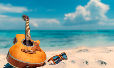 Sun glasses and acoustic guitar on the beach with turquoise sea background. - 779809562