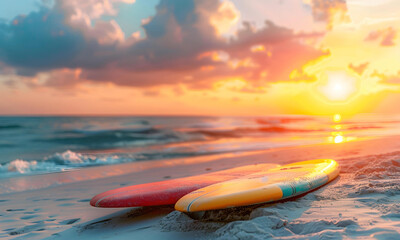 Surfboard on the beach with sunset sea background. - 779809571