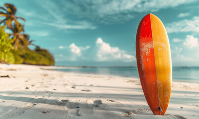 Surfboard on the beach with turquoise sea background. - 779809578