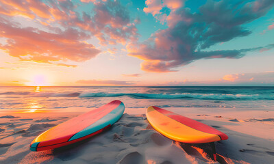 Surfboard on the beach with sunset sea background. - 779809585