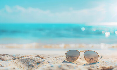 Fototapeta na wymiar Sun glasses on the beach with turquoise sea background.