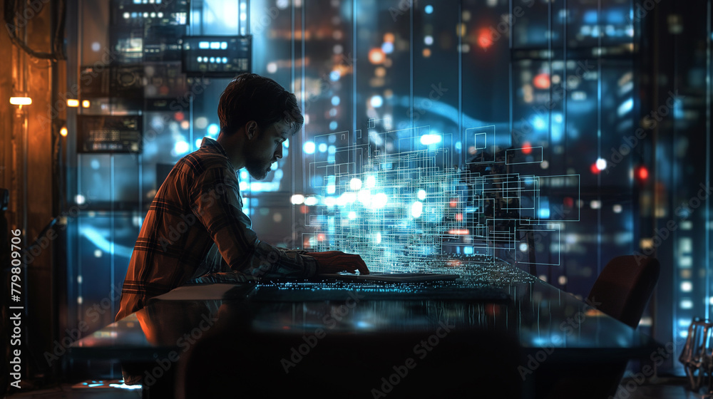 Poster software engineer or data scientist working on a project using modern hologram technology