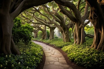 Fototapeta premium Charming Paths trees backyard house. Garden outdoor. Generate Ai