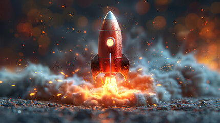 Launch of a red rocket isolated on clear background, made of precious metal. Successful start concept. Generative Ai