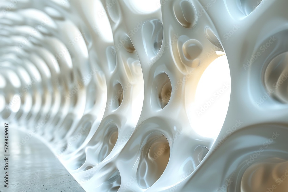 Poster an artistic rendering of a white corridor with organic shapes and patterns, creating a futuristic an