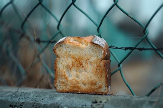 A single piece of bread behind a fence