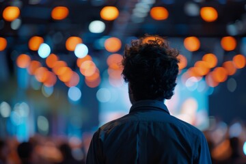 Back view of a contemplative man at a concert with colorful bokeh lights reflecting the lively atmosphere.