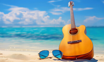Sun glasses and acoustic guitar on the beach with turquoise sea background. - 779810520