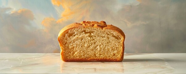 A half-eaten loaf of bread on a plain surface - obrazy, fototapety, plakaty