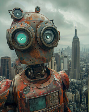 Steampunk Robot, Mechanic Jumpsuit, Post-Apocalyptic Cityscape, Dystopian World, Overcast, Realistic, Chromatic Aberration