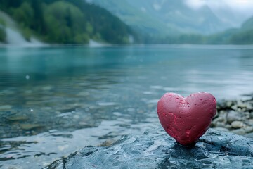 Fototapeta premium A red heart sitting on top of a rock next to a body of water