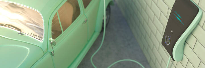 Retro green car at an electric car charging point after being updated concept 3d render