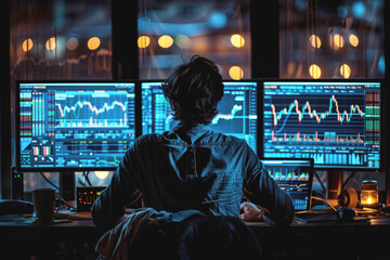 An investor, trader, middle-aged man carefully monitors financial charts on monitors. Concept of financial market, investment, stock exchange and stock trading.