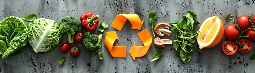 A minimalist design of a recycling symbol with food items