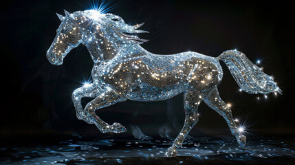 Graziosa statuetta di unicorno ornata di dettagli scintillanti e catturata in una posa dinamica su uno sfondo scuro illuminato da bokeh - obrazy, fototapety, plakaty