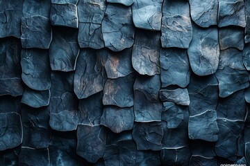 Detailed view of an abstract arrangement of stony slates with varying sizes exhibiting cool blue hues