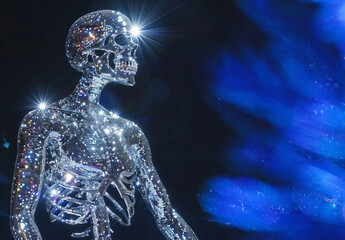 Figura umanoide o scheletro  in cristallo scintillante illuminata su uno sfondo scuro, pose differenti , simbolo dell'evoluzione high-tech
