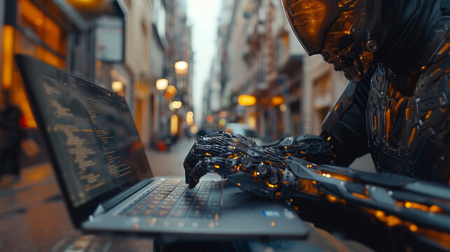 Close-up image of futuristic robot hands using a laptop on a city street, depicting advanced technology integration.