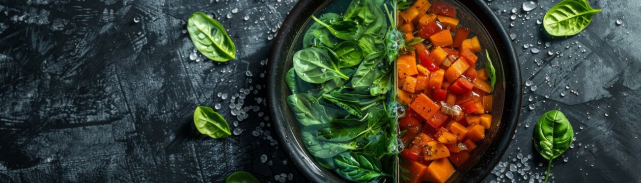 A plate divided into sections with different natural elements (water plants