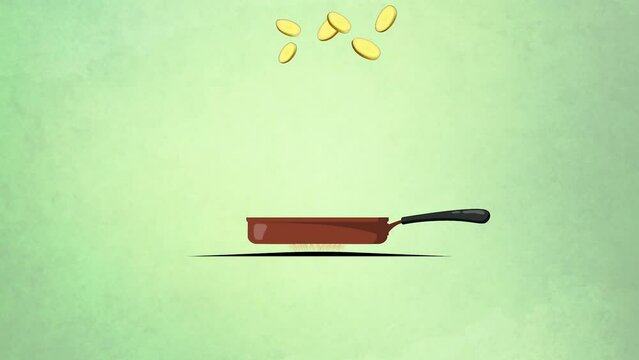 An animated footage depicting the dynamic process of making chips. It involves slicing potatoes with a knife on a cutting board, frying them in a skillet against a green screen background using chrom
