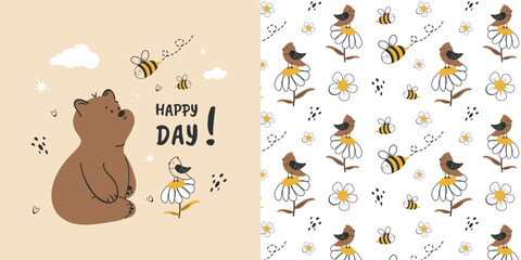 Children's seamless pattern with a funny teddy bear and bees. Happy day. Vector design for baby bedding, fabric, wallpaper, wrapping paper and more. - obrazy, fototapety, plakaty