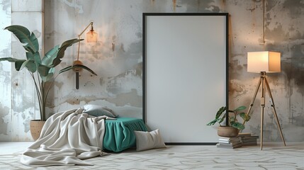A picture mockup frame nestled in the center of the room