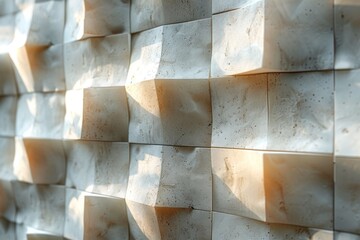 Warm sunlight bathes beige, uneven wall tiles, casting soft shadows and creating a serene and subtle texture effect