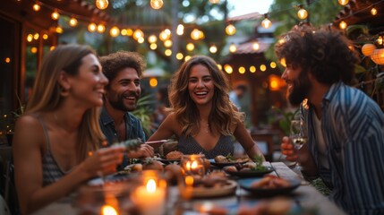 Obraz na płótnie Canvas Joyful gathering of multiethnic friends enjoying an outdoor dinner party with festive lights at dusk.