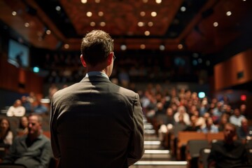 A well-dressed businessman presents at a corporate event, addressing a diverse audience in a modern conference hall.