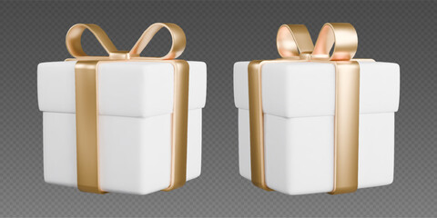 Gift boxes with ribbons, realistic 3d white boxes with golden bows. Surprise gift isolated on grey background. Vector illustration.