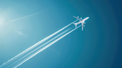 A large aircraft soars through a clear blue sky, its jet engines leaving behind a distinctive trail of condensation